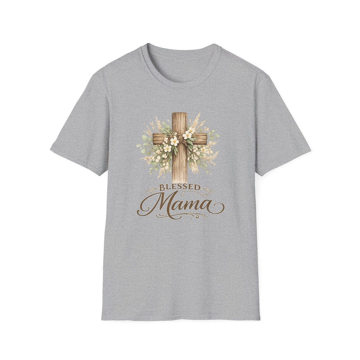 Blessed Mama wooden cross T-Shirt | floral cross mom tee