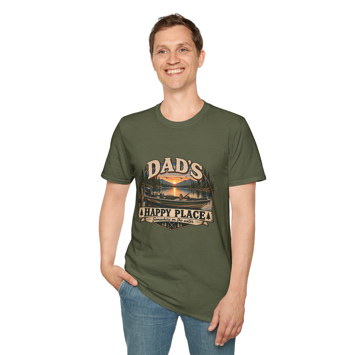 Dad's Happy Place T-Shirt | Lake Sunset Fishing Cabin Design