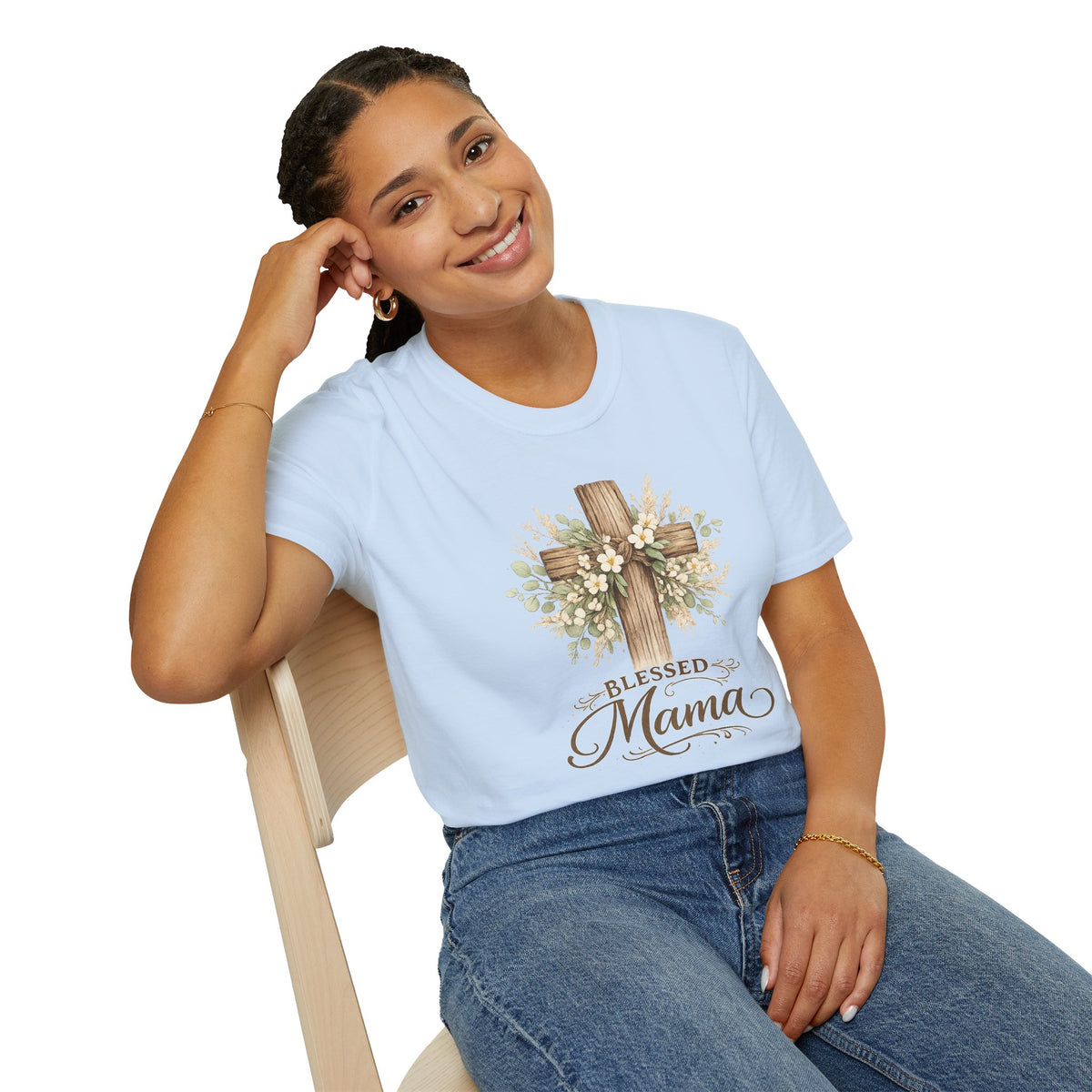 Blessed Mama wooden cross T-Shirt | floral cross mom tee