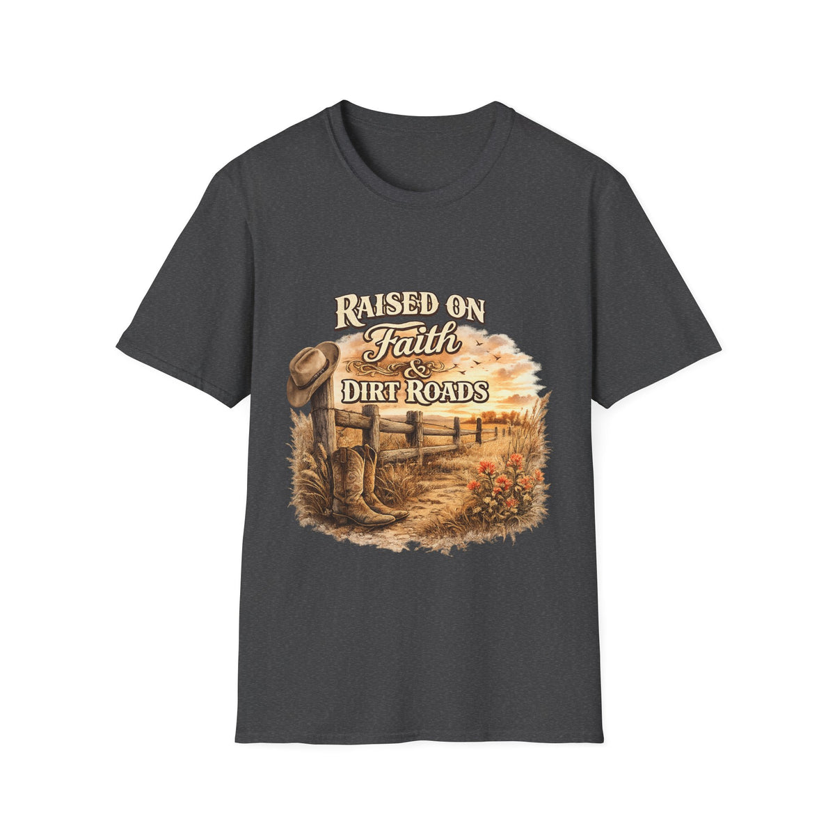 Raised on Faith & Dirt Roads T-Shirt | Country Farm Faith Graphic