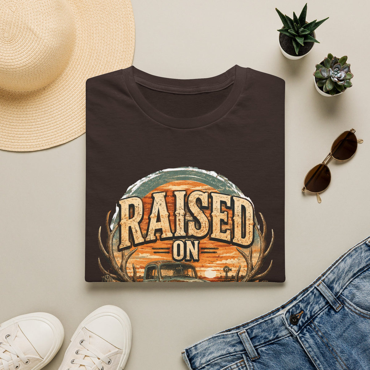 Raised on Dirt Roads T-Shirt | Truck, Antlers, Sunset Rustic Design