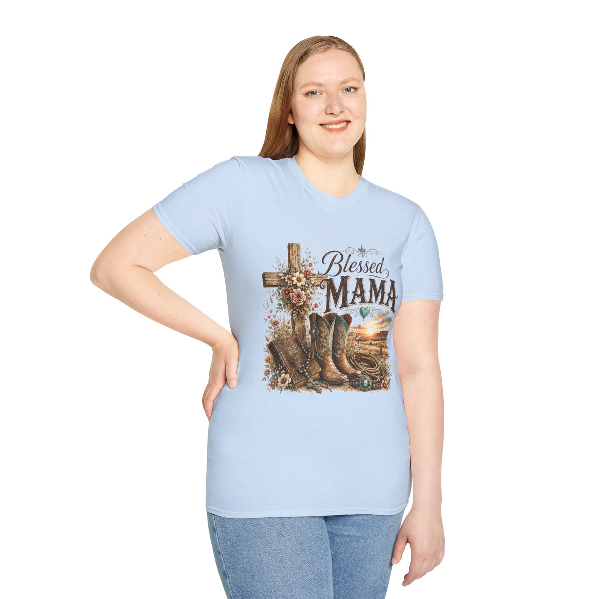 Blessed Mama cross, floral country boots T-Shirt | Rustic Christian mom shirt