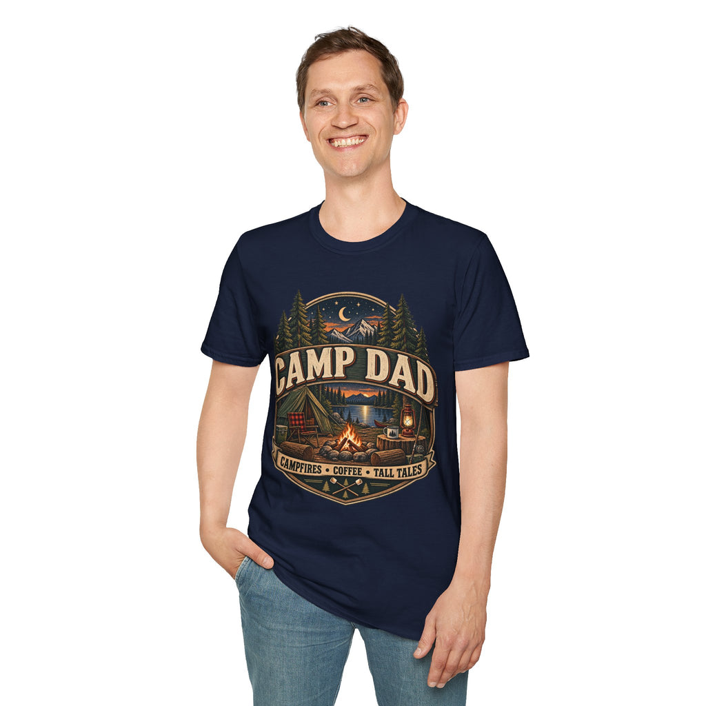Camp Dad T-Shirt | Camping Cabin Moon Forest Design