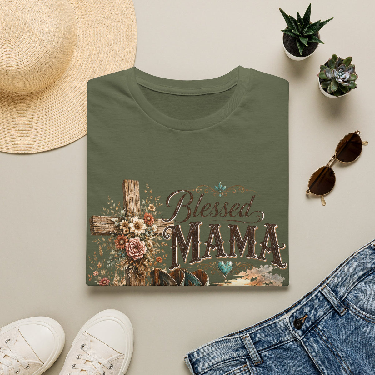 Blessed Mama cross, floral country boots T-Shirt | Rustic Christian mom shirt