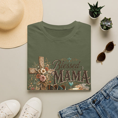 Blessed Mama cross, floral country boots T-Shirt | Rustic Christian mom shirt