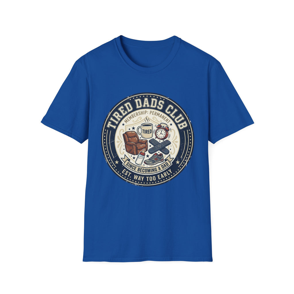Tired Dads Club T-Shirt | Dad Life Vintage Badge, Coffee & Recliner Design