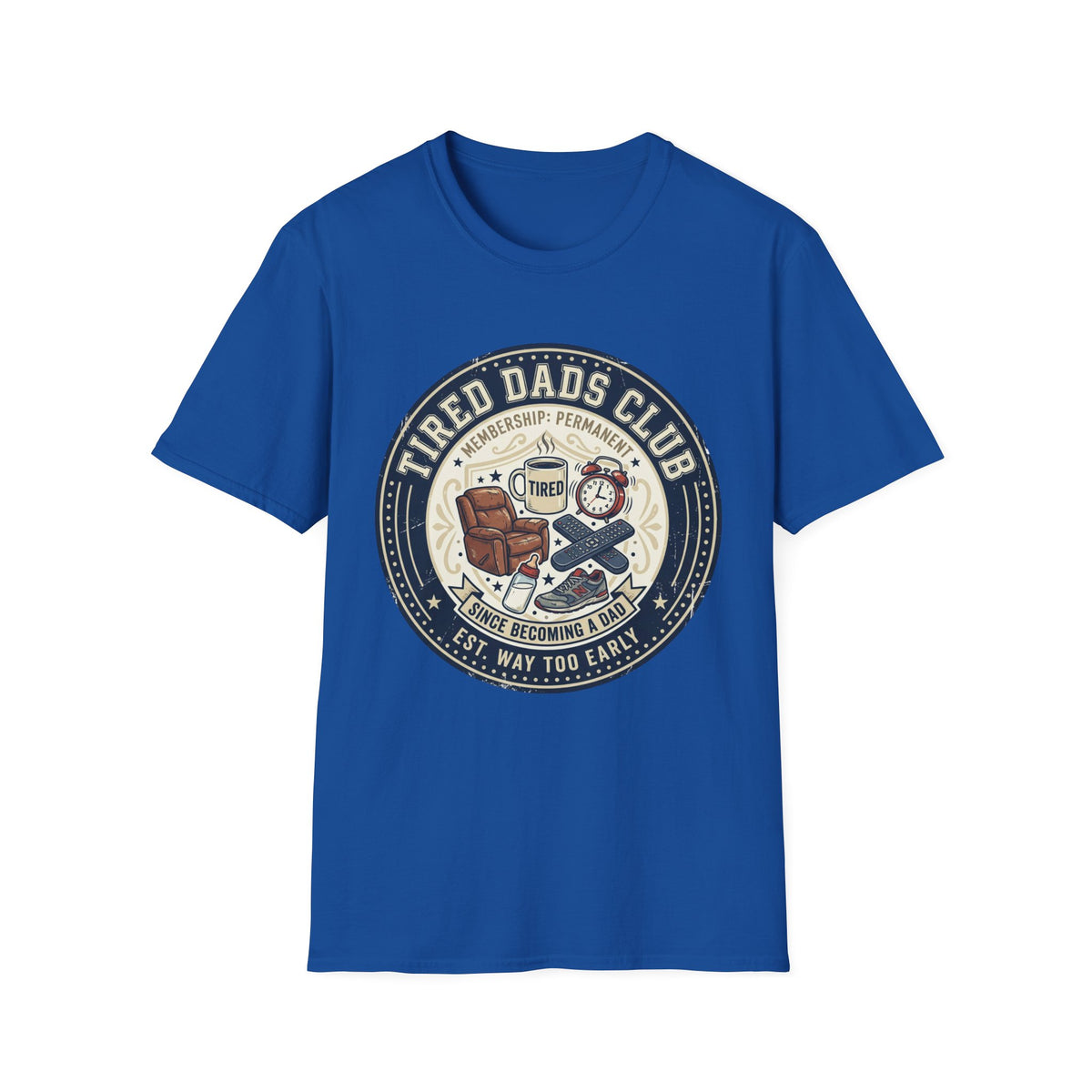 Tired Dads Club T-Shirt | Dad Life Vintage Badge, Coffee & Recliner Design