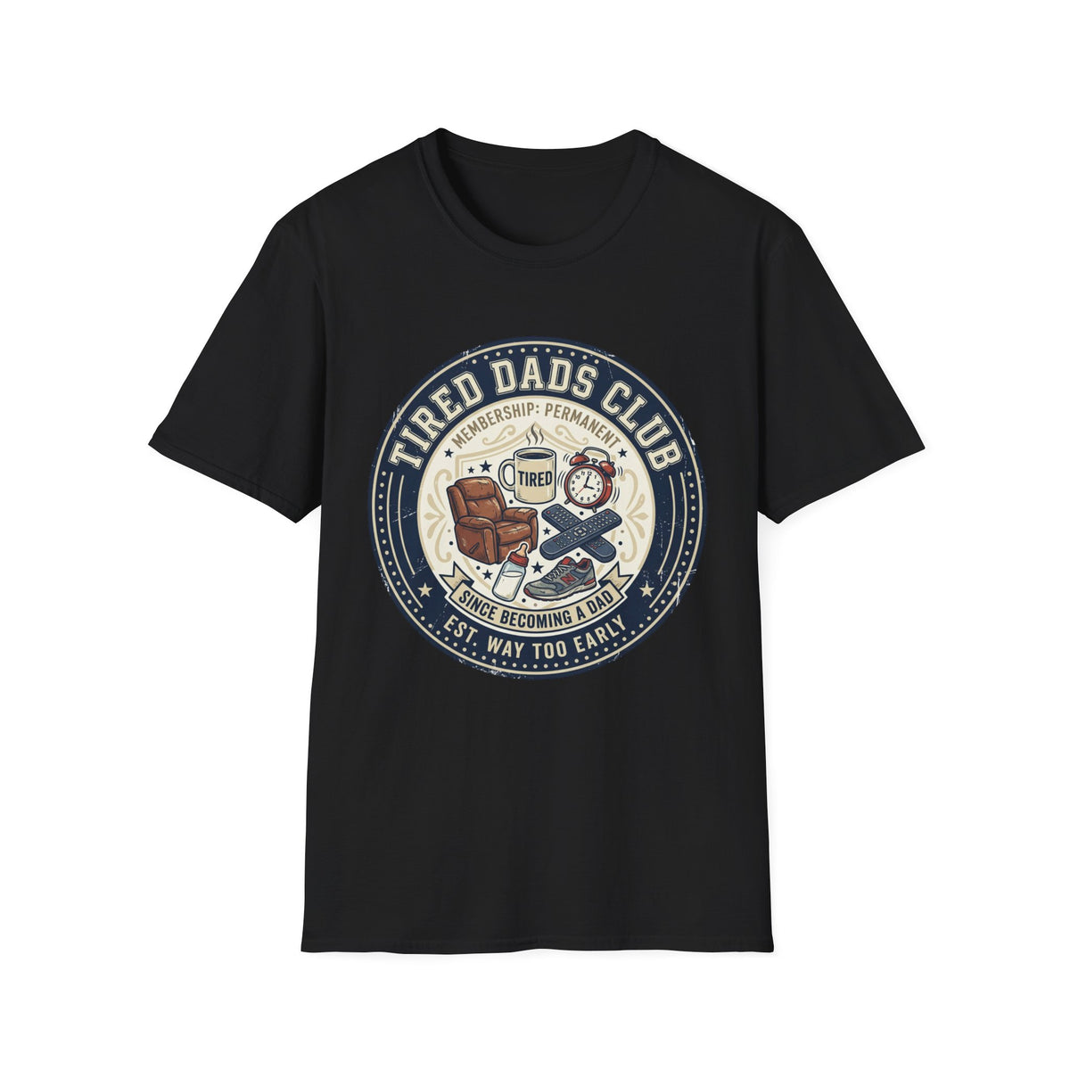 Tired Dads Club T-Shirt | Dad Life Vintage Badge, Coffee & Recliner Design