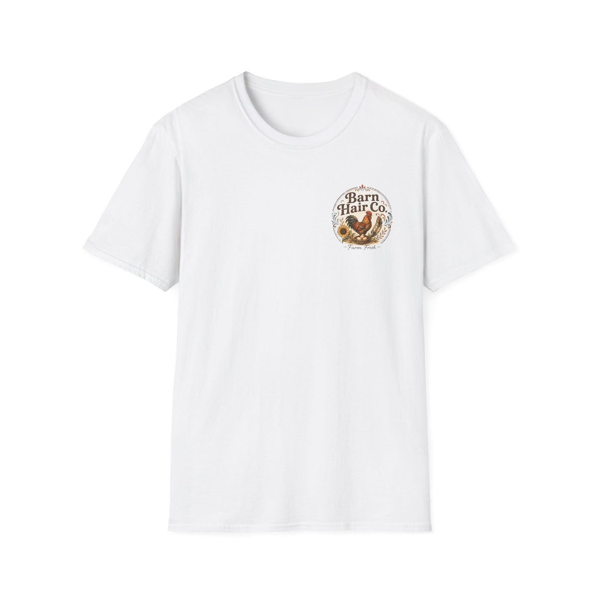 Barn Hair Co. rooster and sunflowers T-Shirt | Farm rustic logo tee