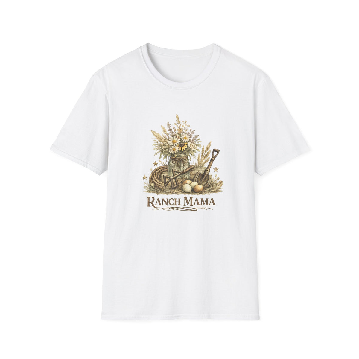 Ranch Mama Floral Bouquet T-Shirt | Rustic Wheelbarrow & Shovel