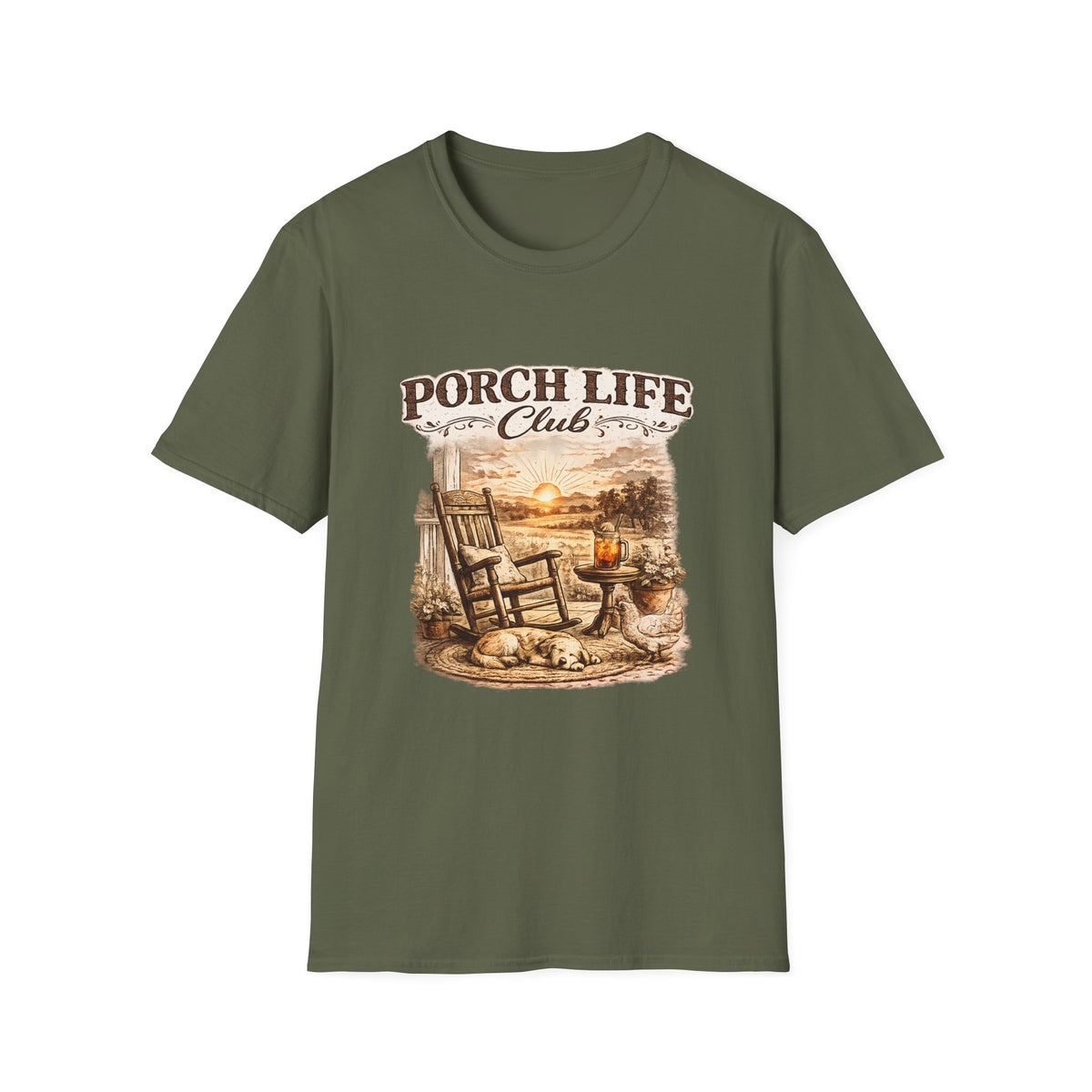 Porch Life Club T-Shirt | Rustic Sunset Rocking Chair Country Design