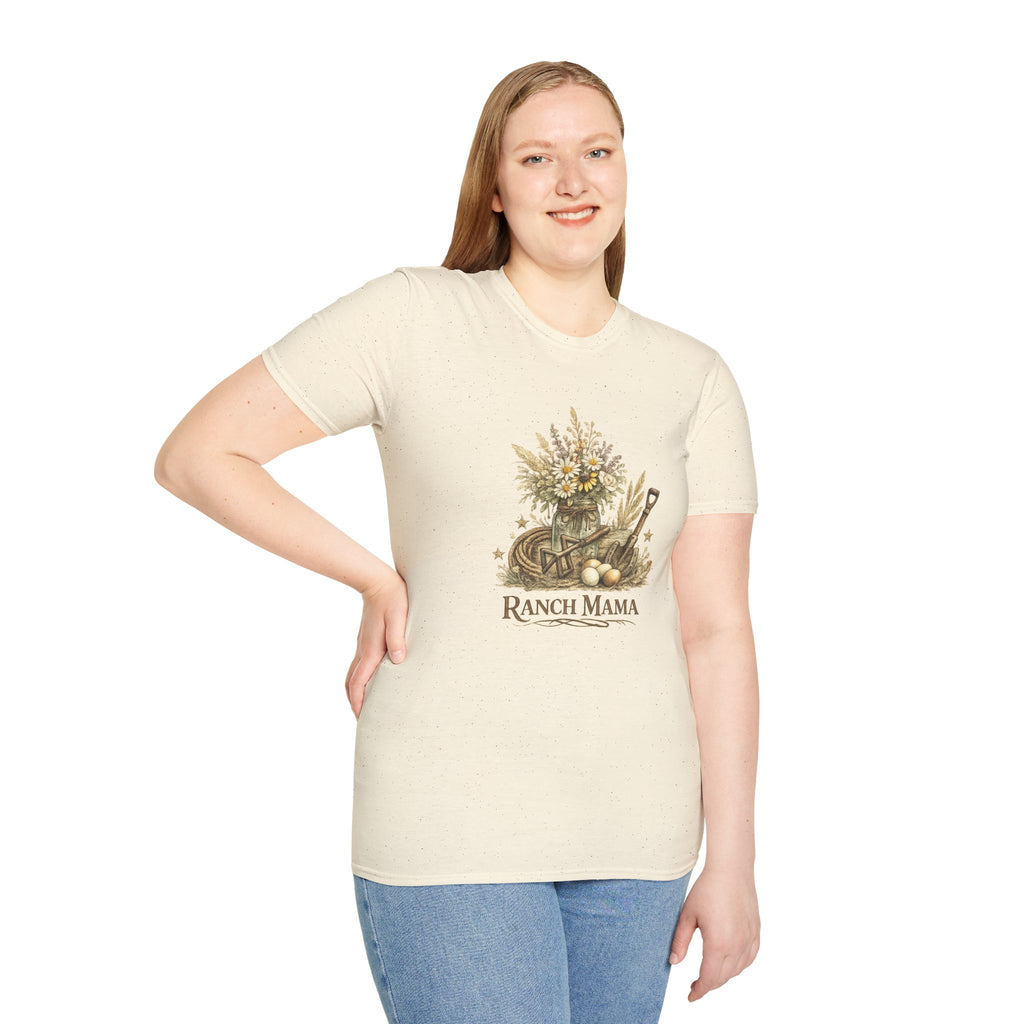 Ranch Mama Floral Bouquet T-Shirt | Rustic Wheelbarrow & Shovel