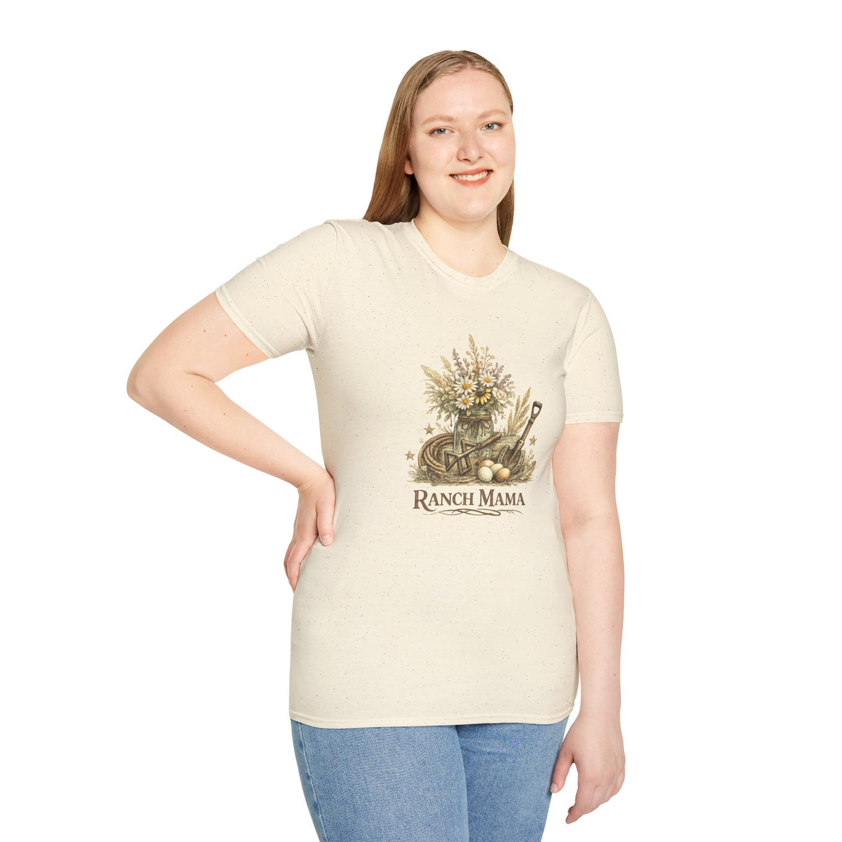 Ranch Mama Floral Bouquet T-Shirt | Rustic Wheelbarrow & Shovel