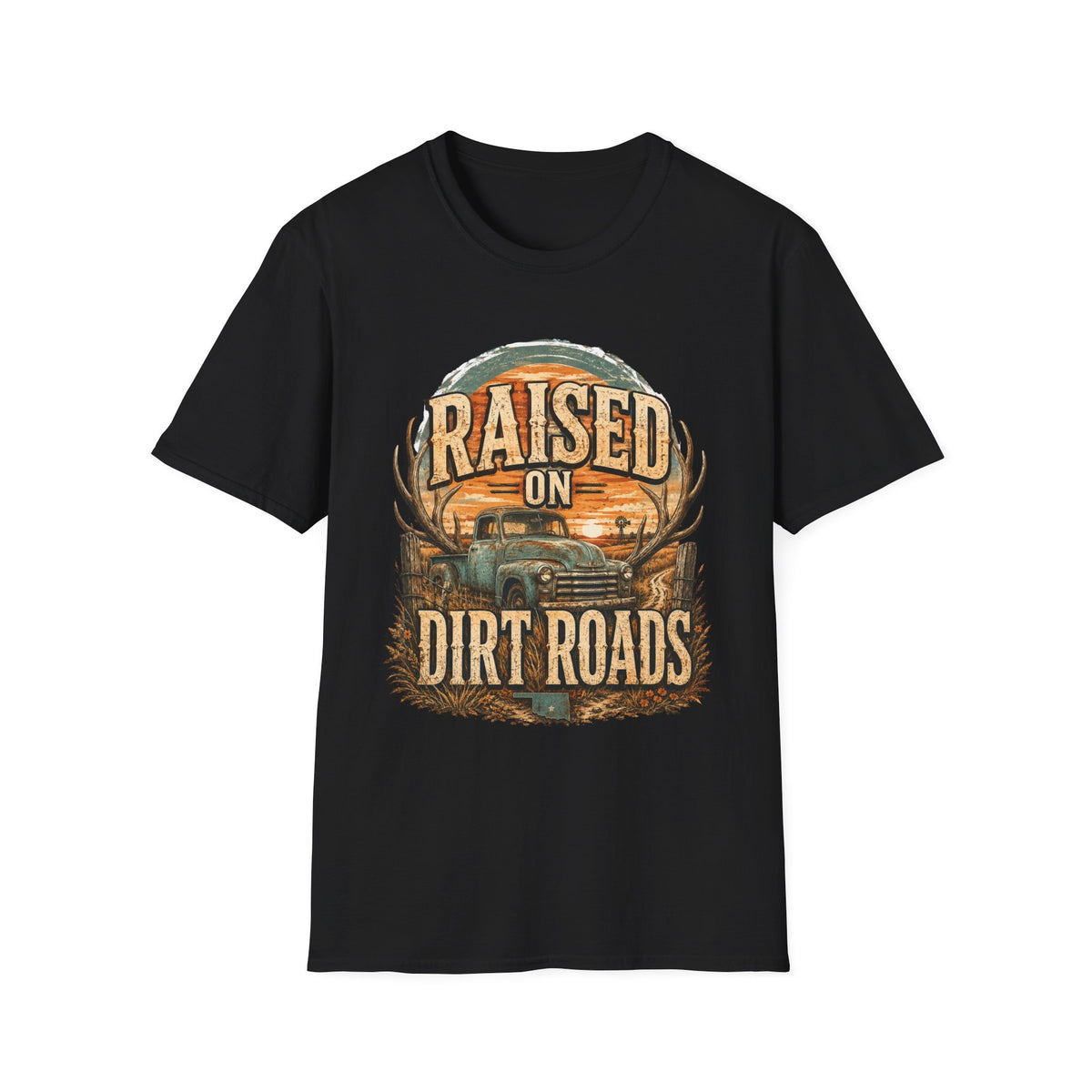 Raised on Dirt Roads T-Shirt | Truck, Antlers, Sunset Rustic Design