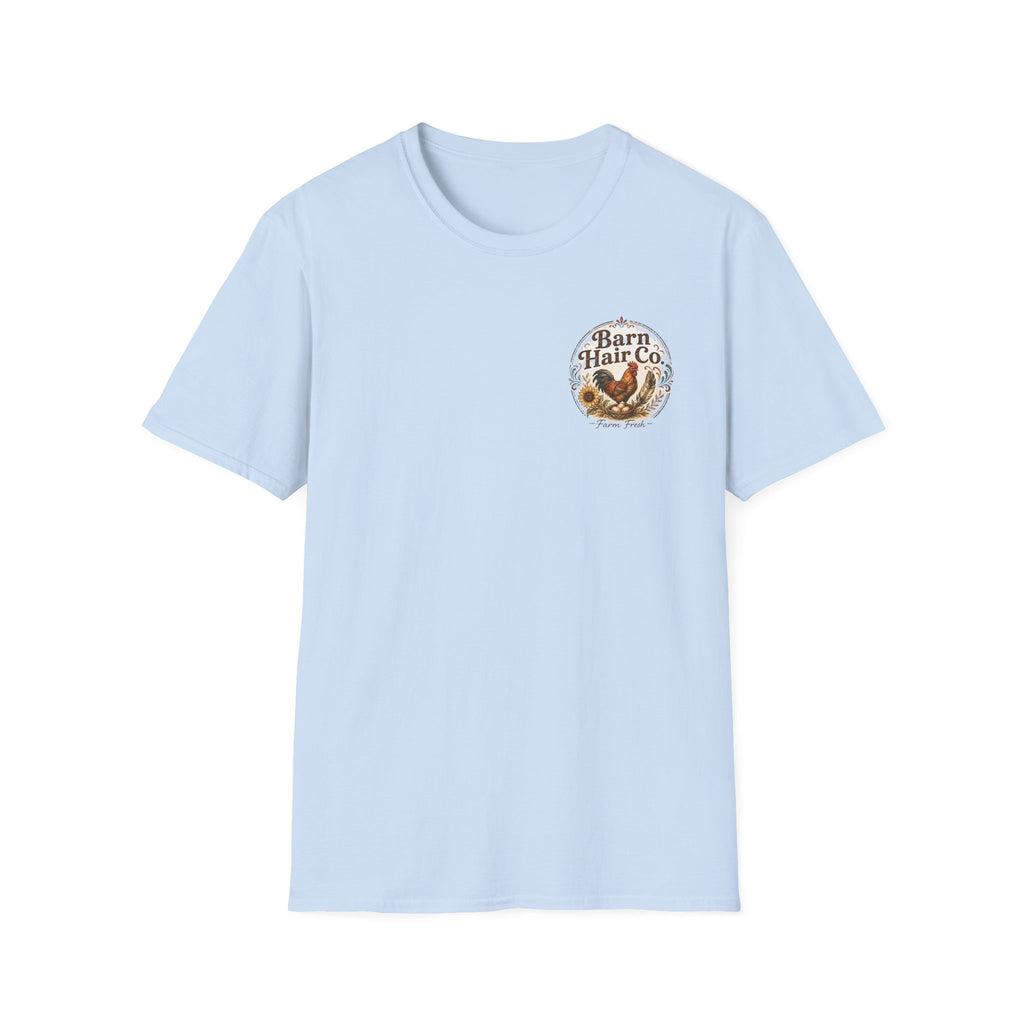 Barn Hair Co. rooster and sunflowers T-Shirt | Farm rustic logo tee