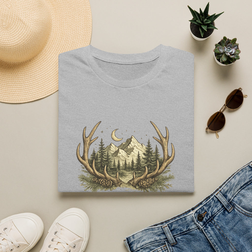 Mama Antler Mountain Forest T-Shirt | Moon, Pines, Rustic Nature