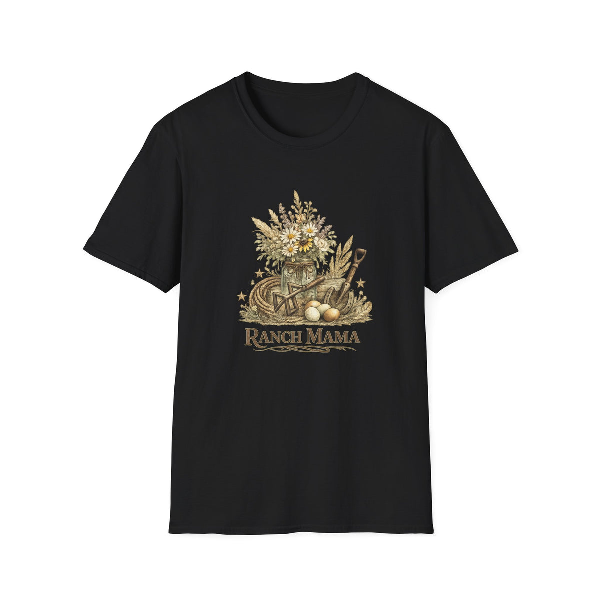 Ranch Mama Floral Bouquet T-Shirt | Rustic Wheelbarrow & Shovel