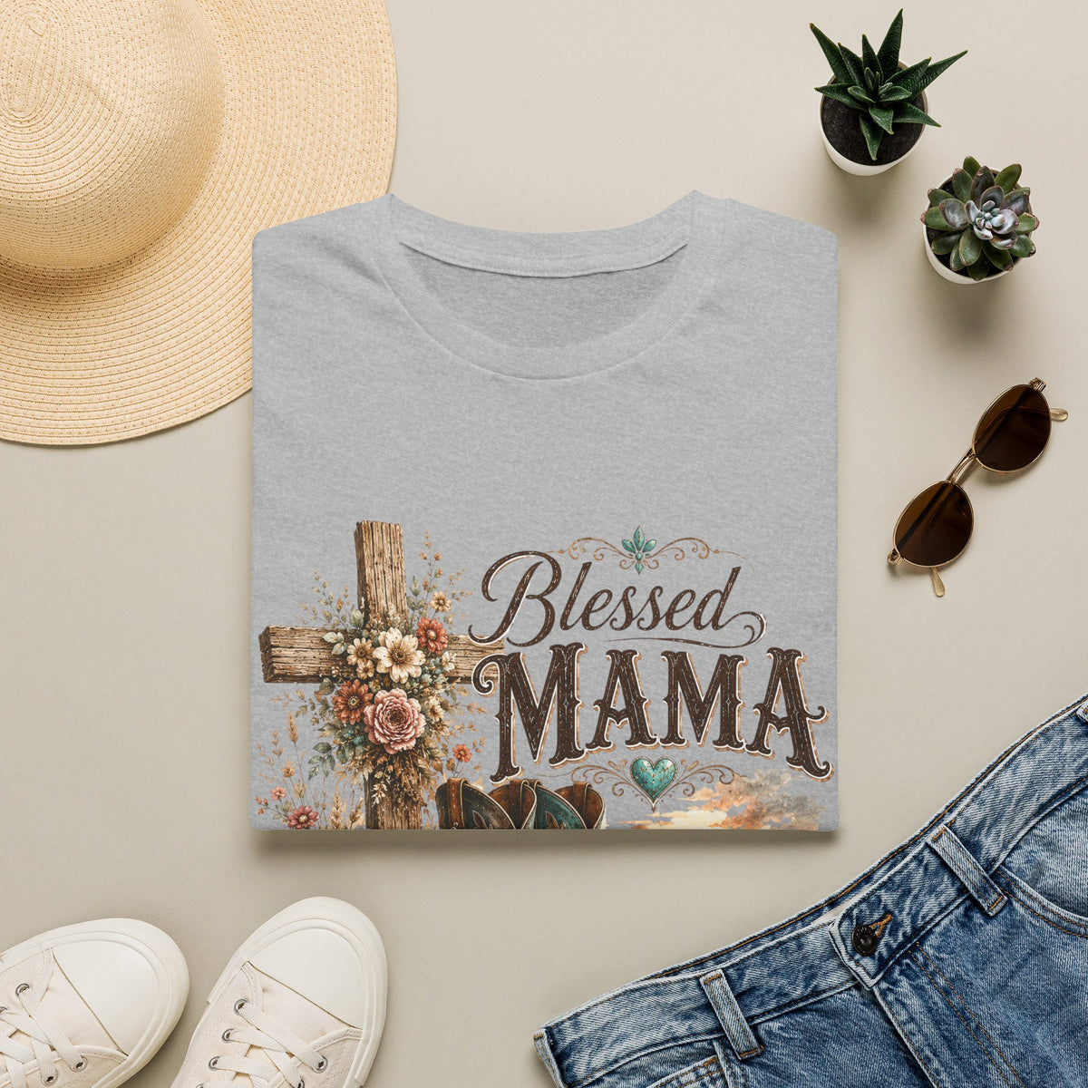 Blessed Mama cross, floral country boots T-Shirt | Rustic Christian mom shirt