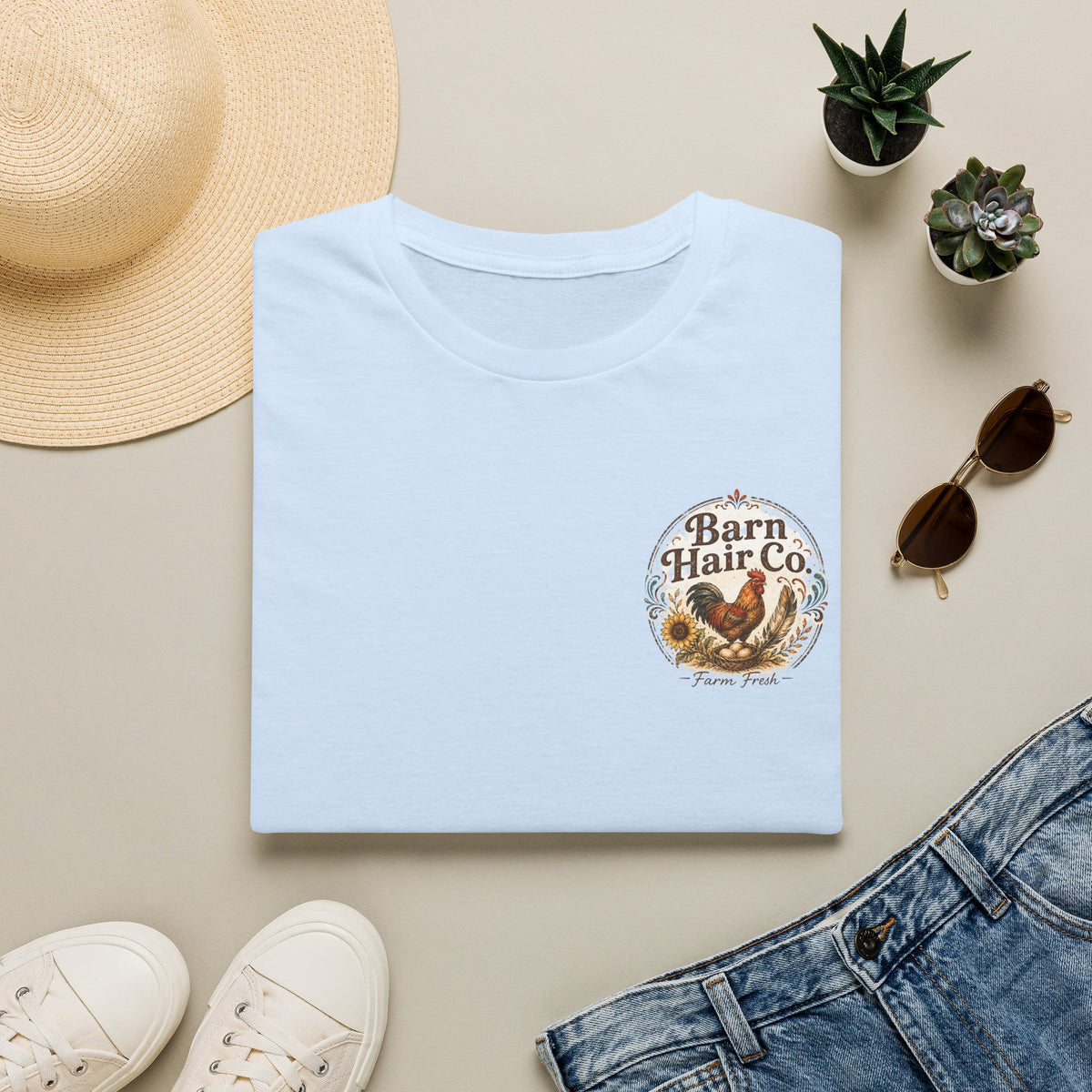 Barn Hair Co. rooster and sunflowers T-Shirt | Farm rustic logo tee