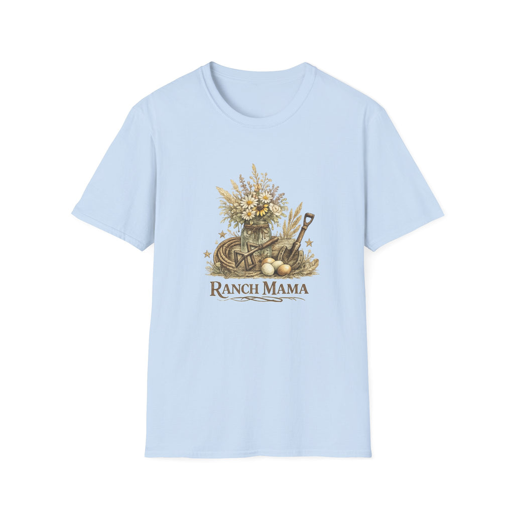 Ranch Mama Floral Bouquet T-Shirt | Rustic Wheelbarrow & Shovel