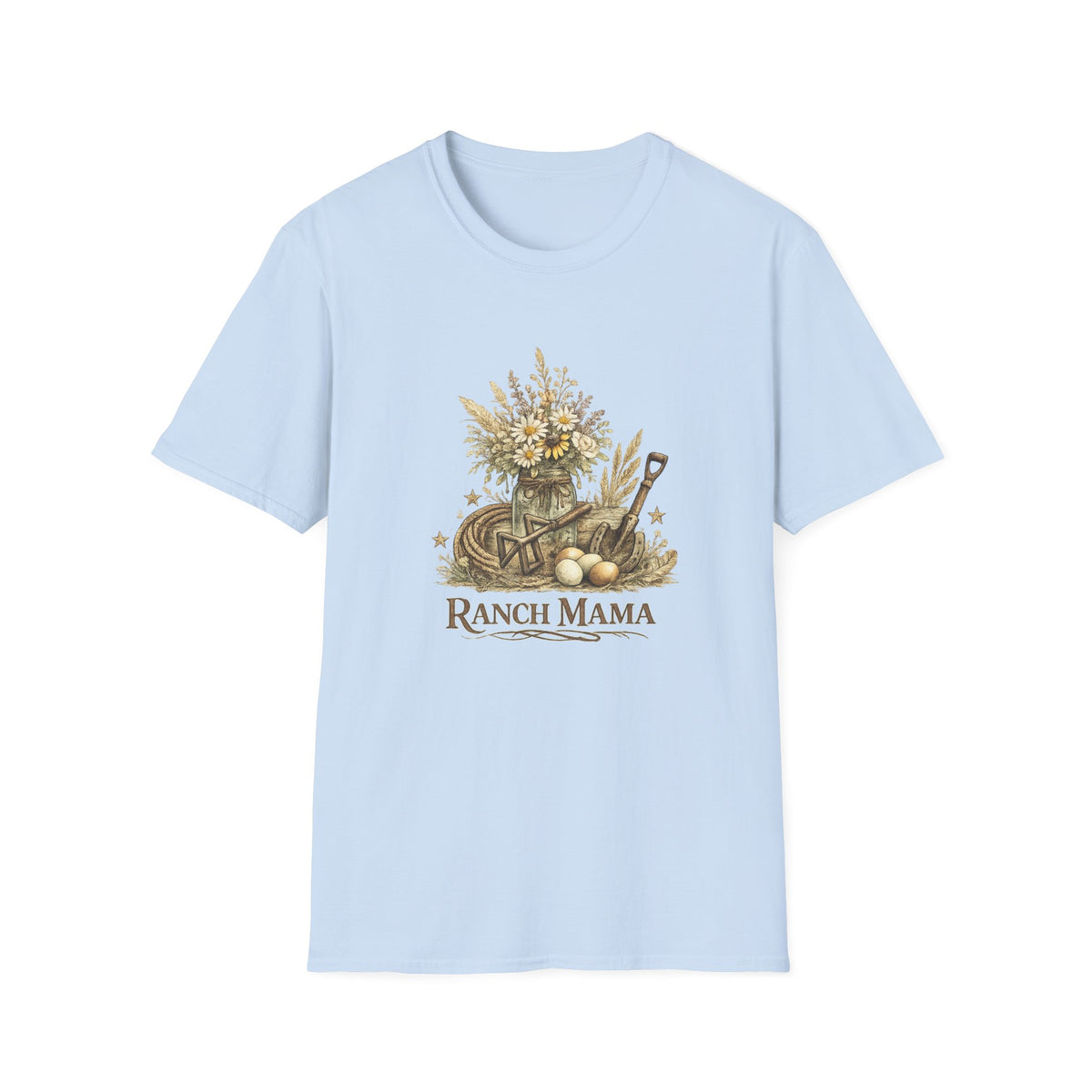 Ranch Mama Floral Bouquet T-Shirt | Rustic Wheelbarrow & Shovel