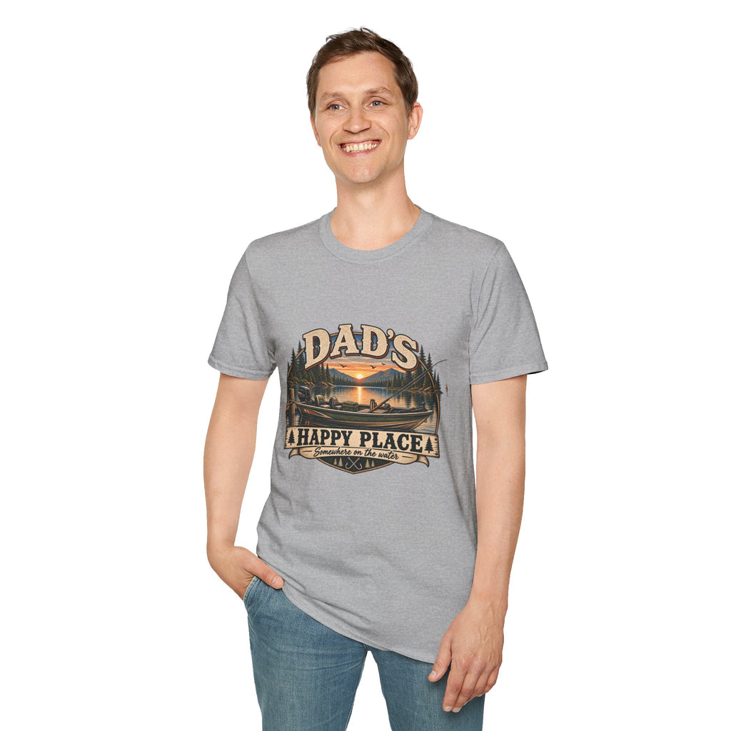Dad's Happy Place T-Shirt | Lake Sunset Fishing Cabin Design