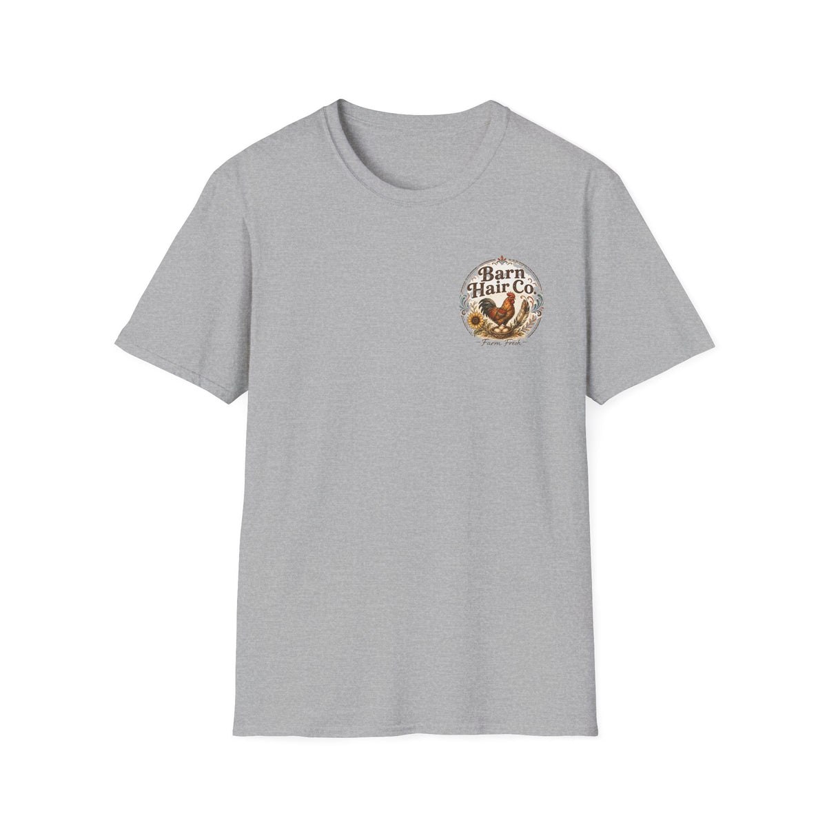 Barn Hair Co. rooster and sunflowers T-Shirt | Farm rustic logo tee