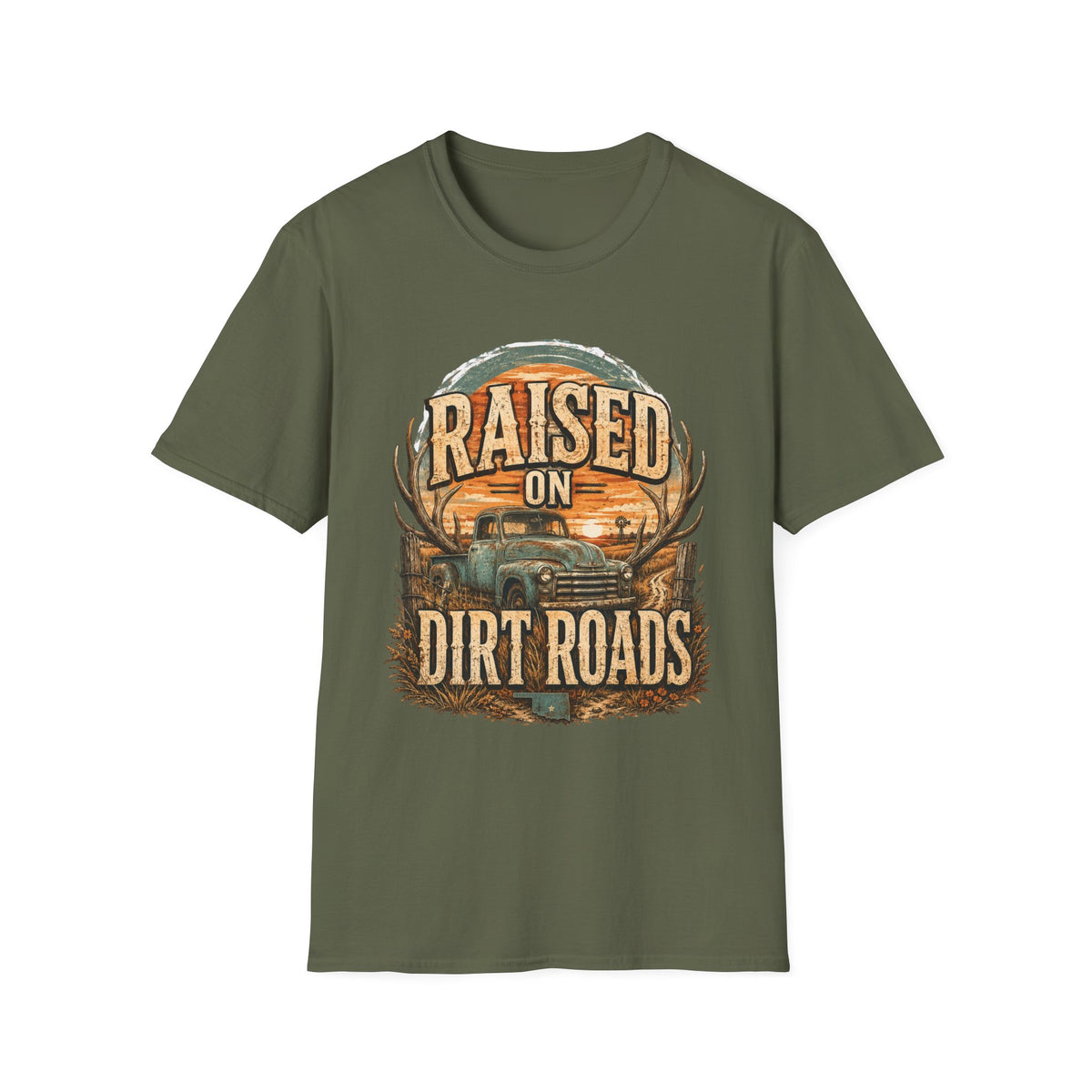 Raised on Dirt Roads T-Shirt | Truck, Antlers, Sunset Rustic Design