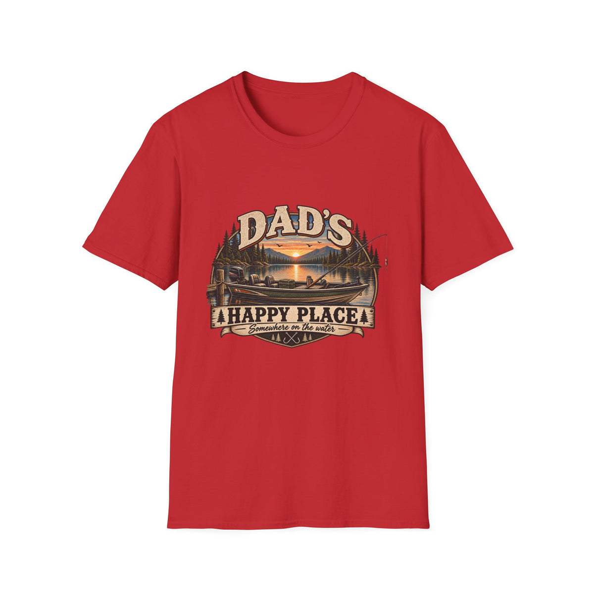 Dad's Happy Place T-Shirt | Lake Sunset Fishing Cabin Design