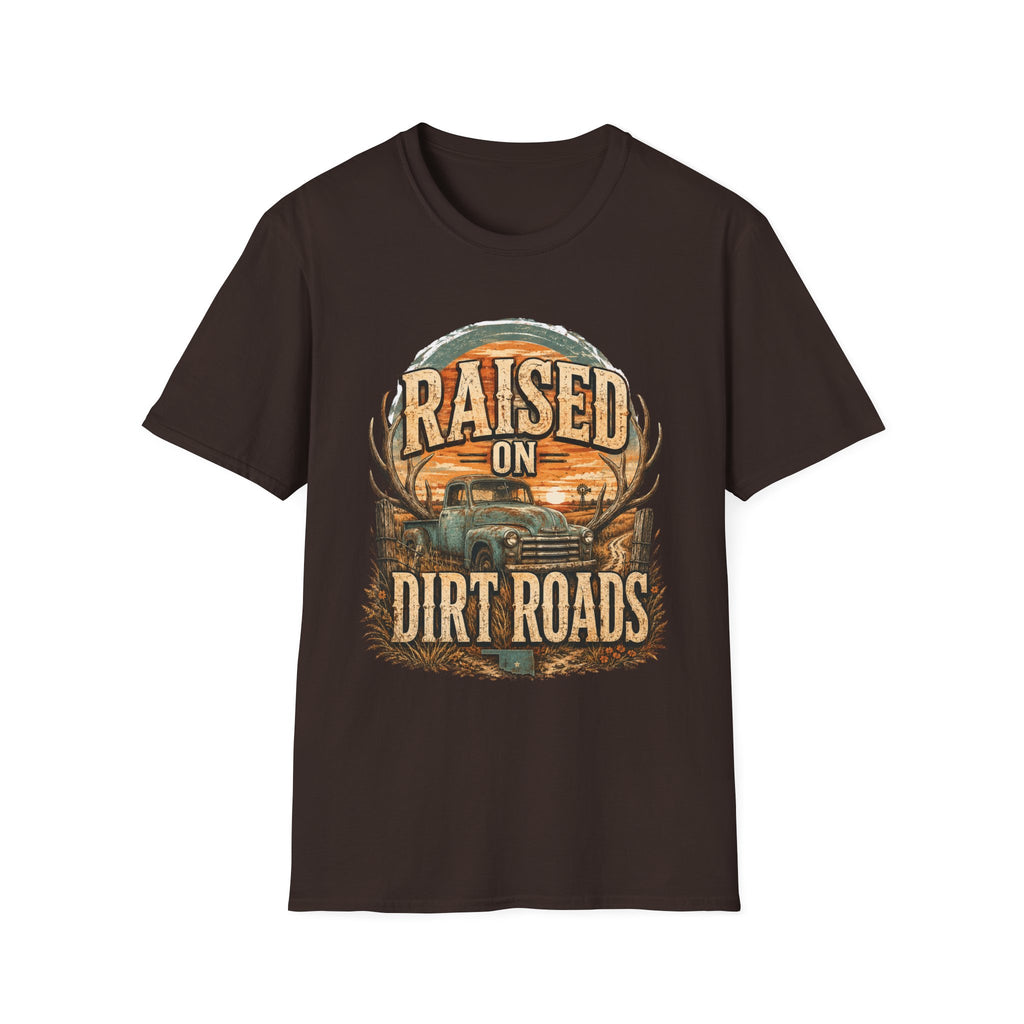 Raised on Dirt Roads T-Shirt | Truck, Antlers, Sunset Rustic Design