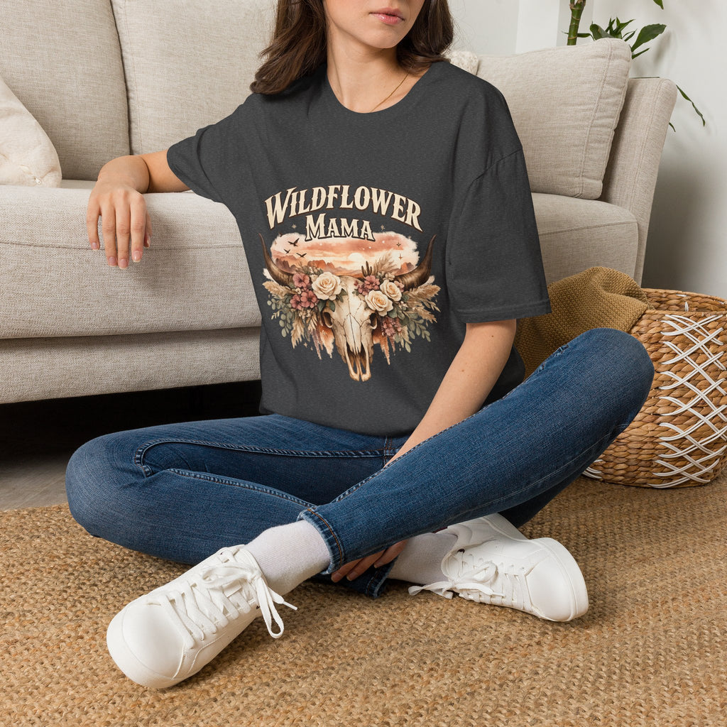 Wildflower Mama T-Shirt | Floral Cow Skull Design
