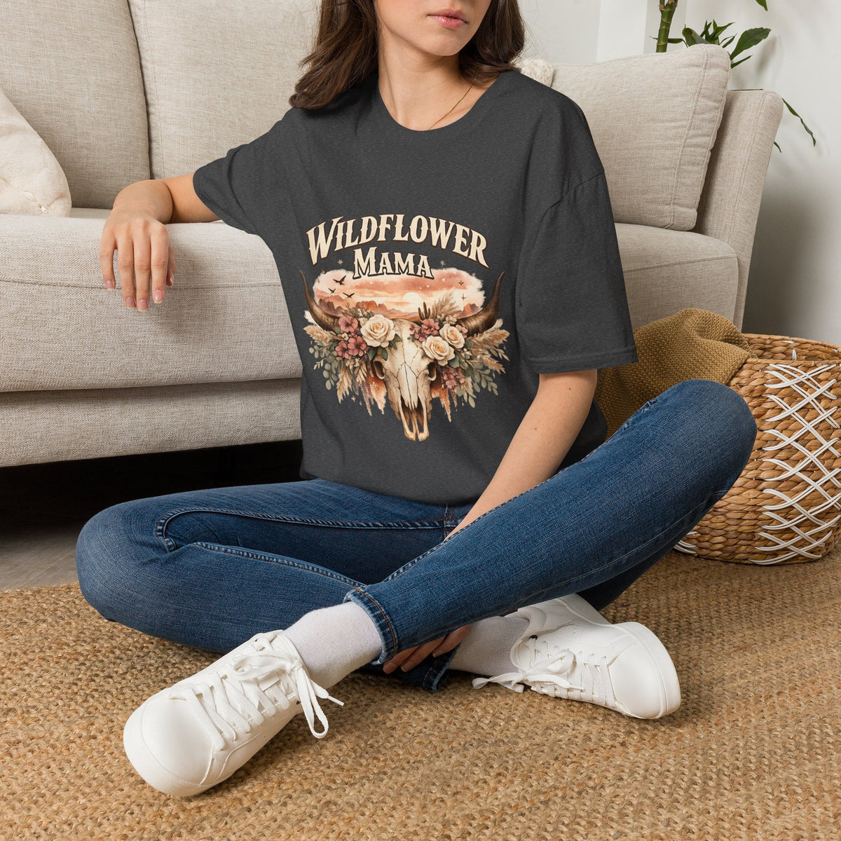 Wildflower Mama T-Shirt | Floral Cow Skull Design