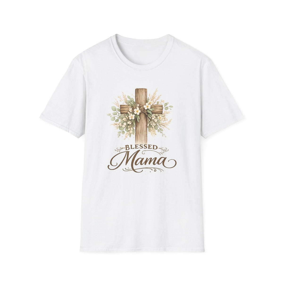 Blessed Mama wooden cross T-Shirt | floral cross mom tee