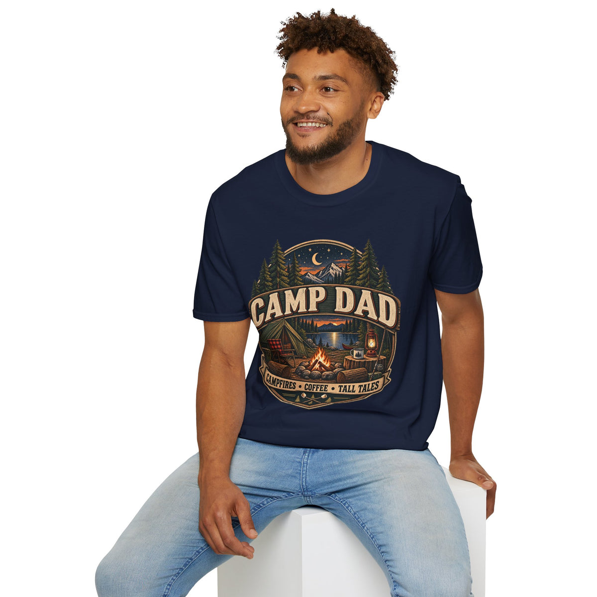 Camp Dad T-Shirt | Camping Cabin Moon Forest Design