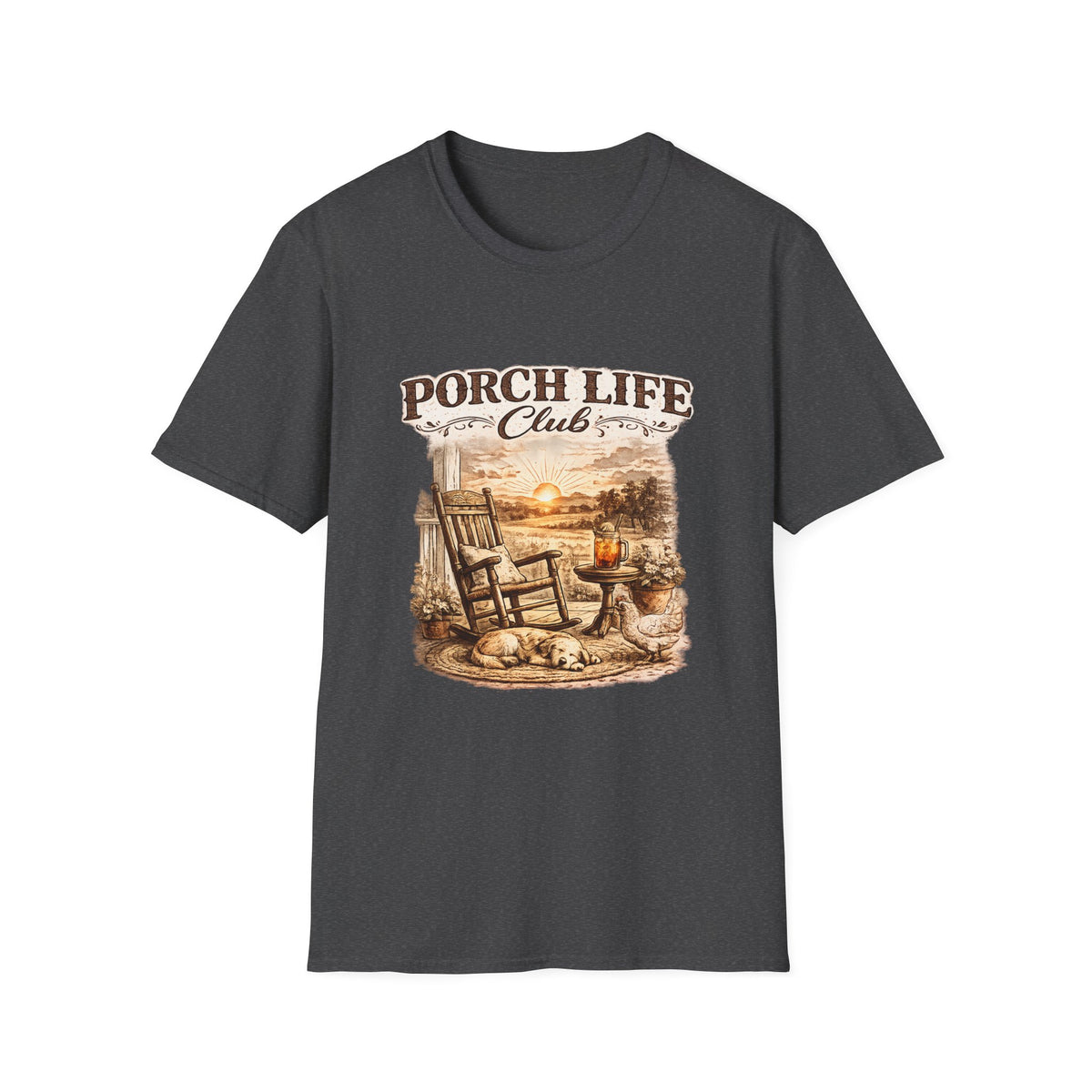 Porch Life Club T-Shirt | Rustic Sunset Rocking Chair Country Design