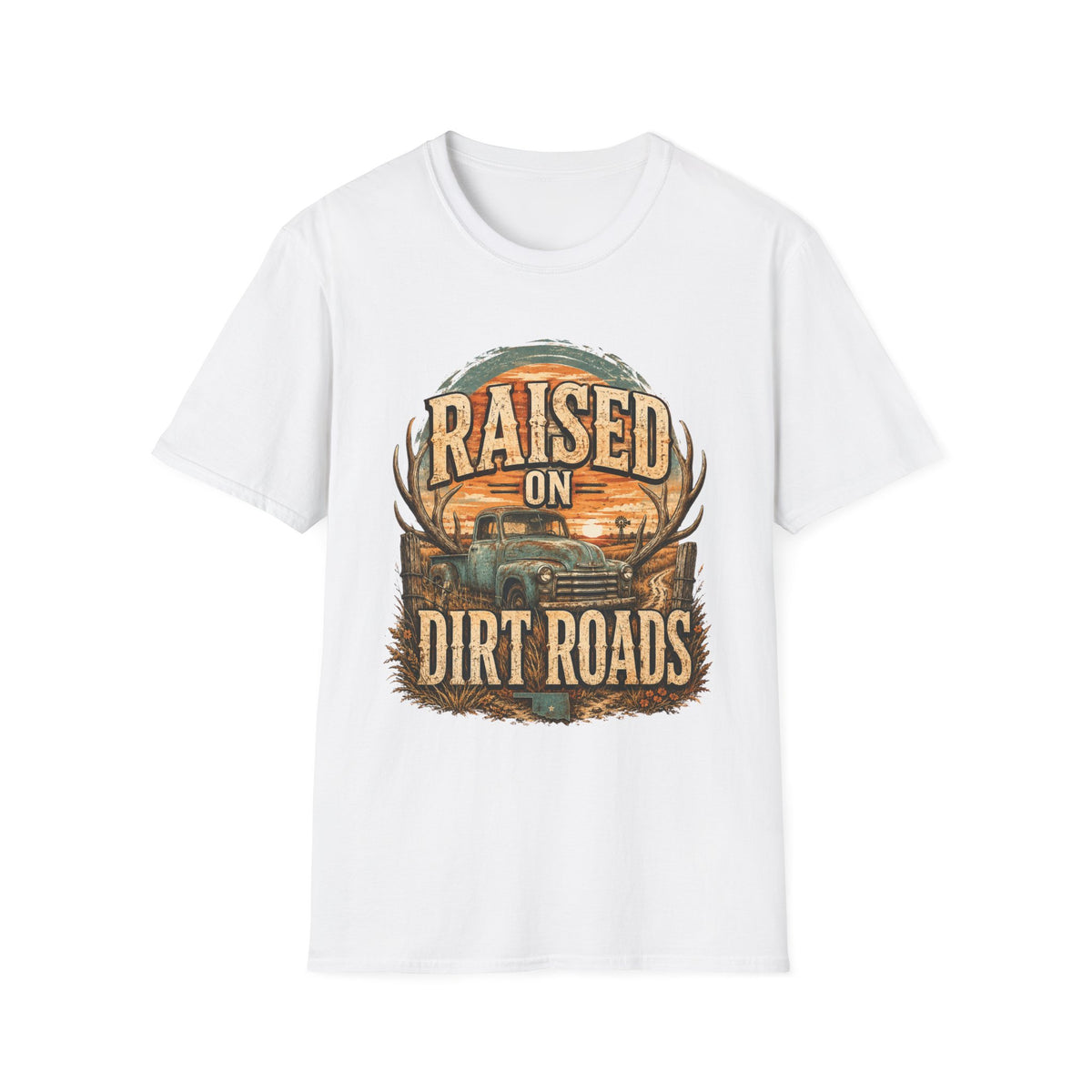 Raised on Dirt Roads T-Shirt | Truck, Antlers, Sunset Rustic Design