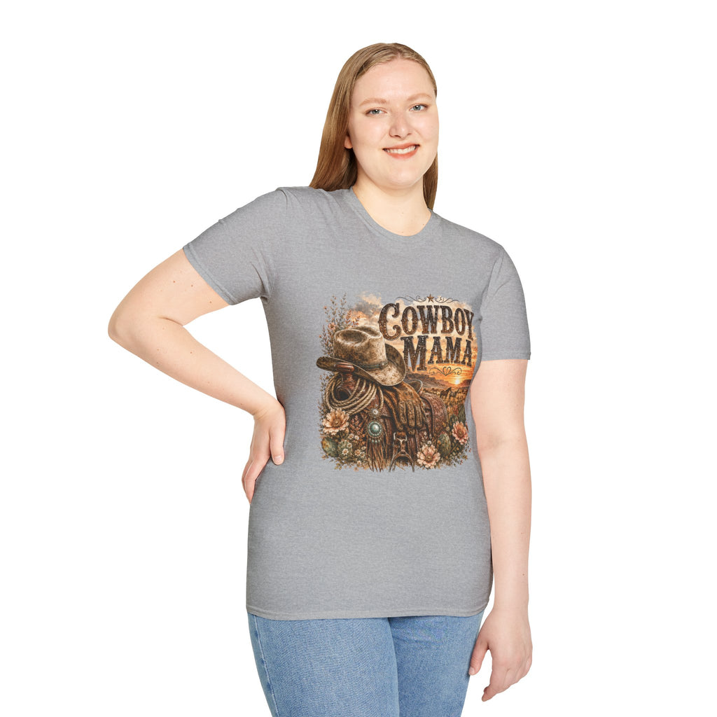 Cowboy Mama T-Shirt | Western Cowgirl Hat Horseshoe Sunset Design