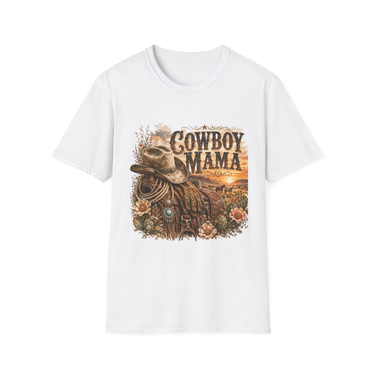 Cowboy Mama T-Shirt | Western Cowgirl Hat Horseshoe Sunset Design