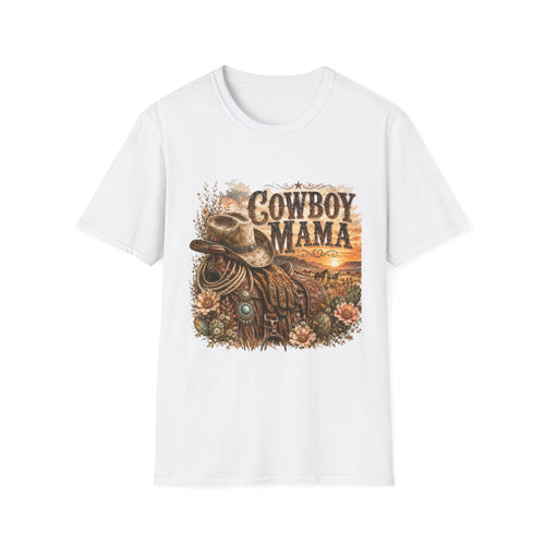 Cowboy Mama T-Shirt | Western Cowgirl Hat Horseshoe Sunset Design