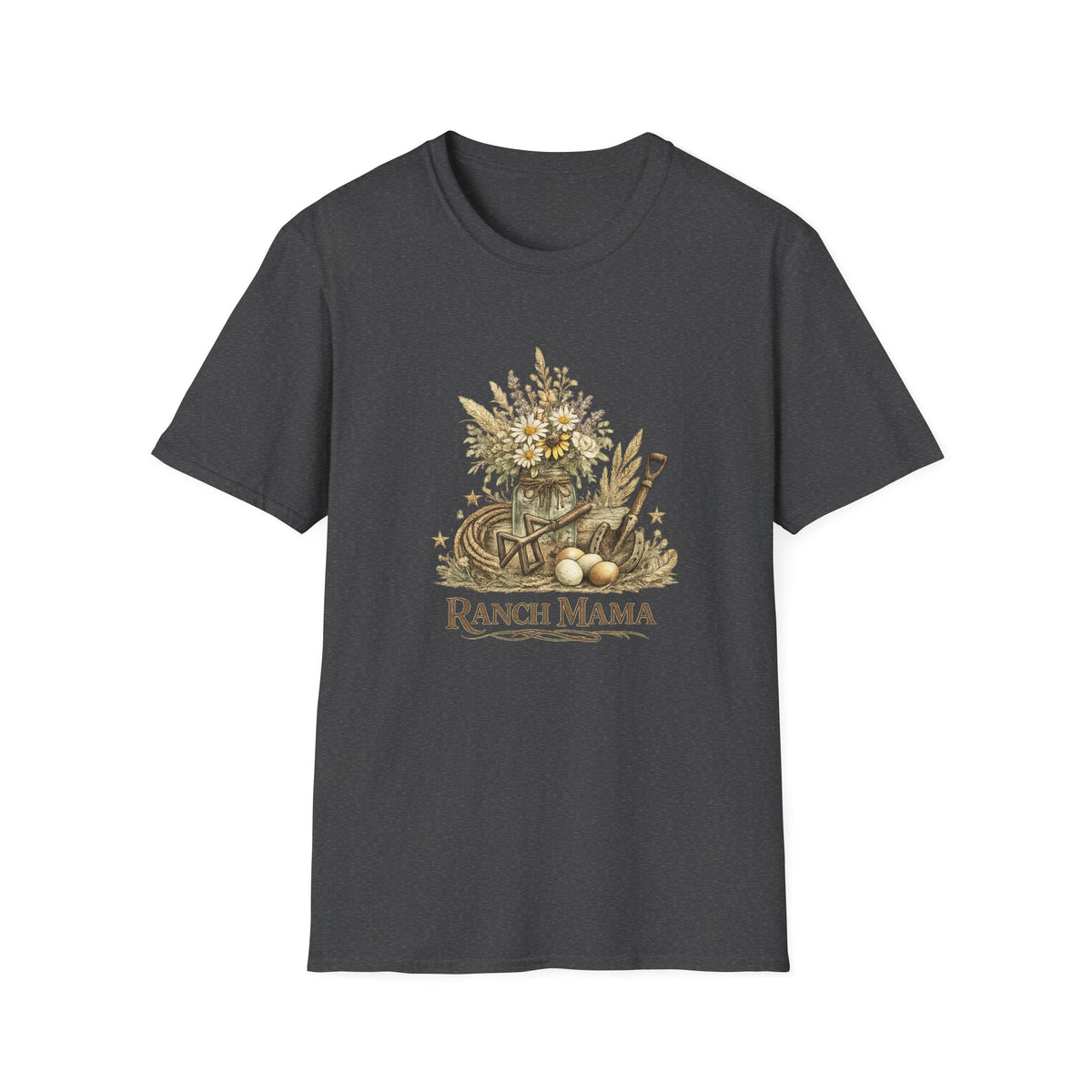 Ranch Mama Floral Bouquet T-Shirt | Rustic Wheelbarrow & Shovel