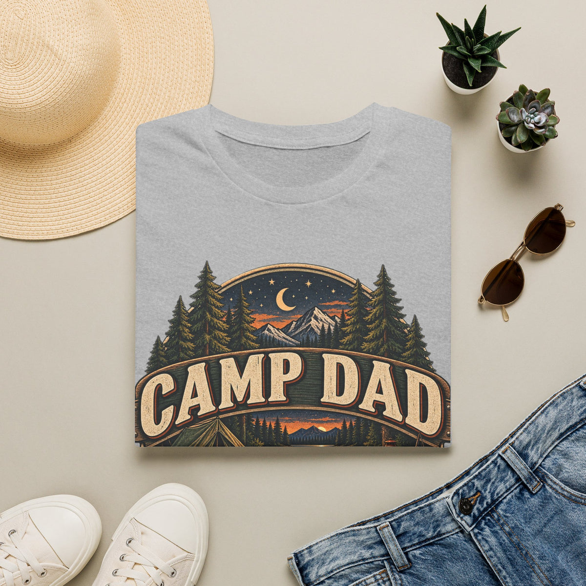 Camp Dad T-Shirt | Camping Cabin Moon Forest Design