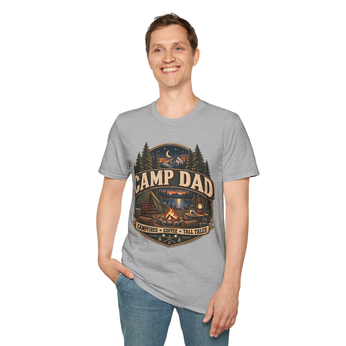 Camp Dad T-Shirt | Camping Cabin Moon Forest Design