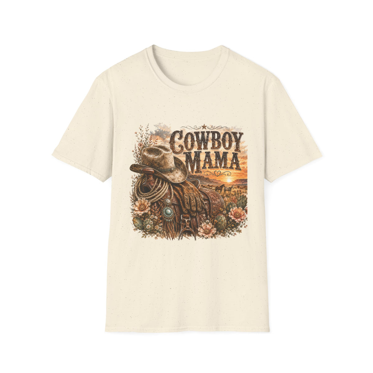 Cowboy Mama T-Shirt | Western Cowgirl Hat Horseshoe Sunset Design
