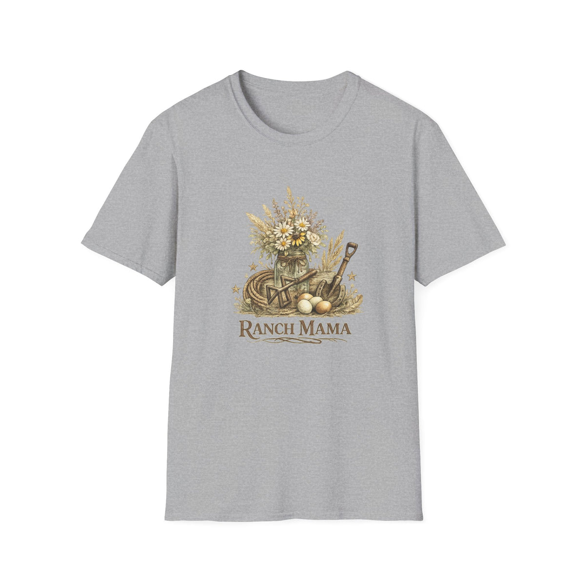 Ranch Mama Floral Bouquet T-Shirt | Rustic Wheelbarrow & Shovel