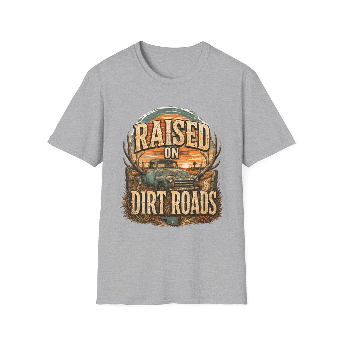 Raised on Dirt Roads T-Shirt | Truck, Antlers, Sunset Rustic Design