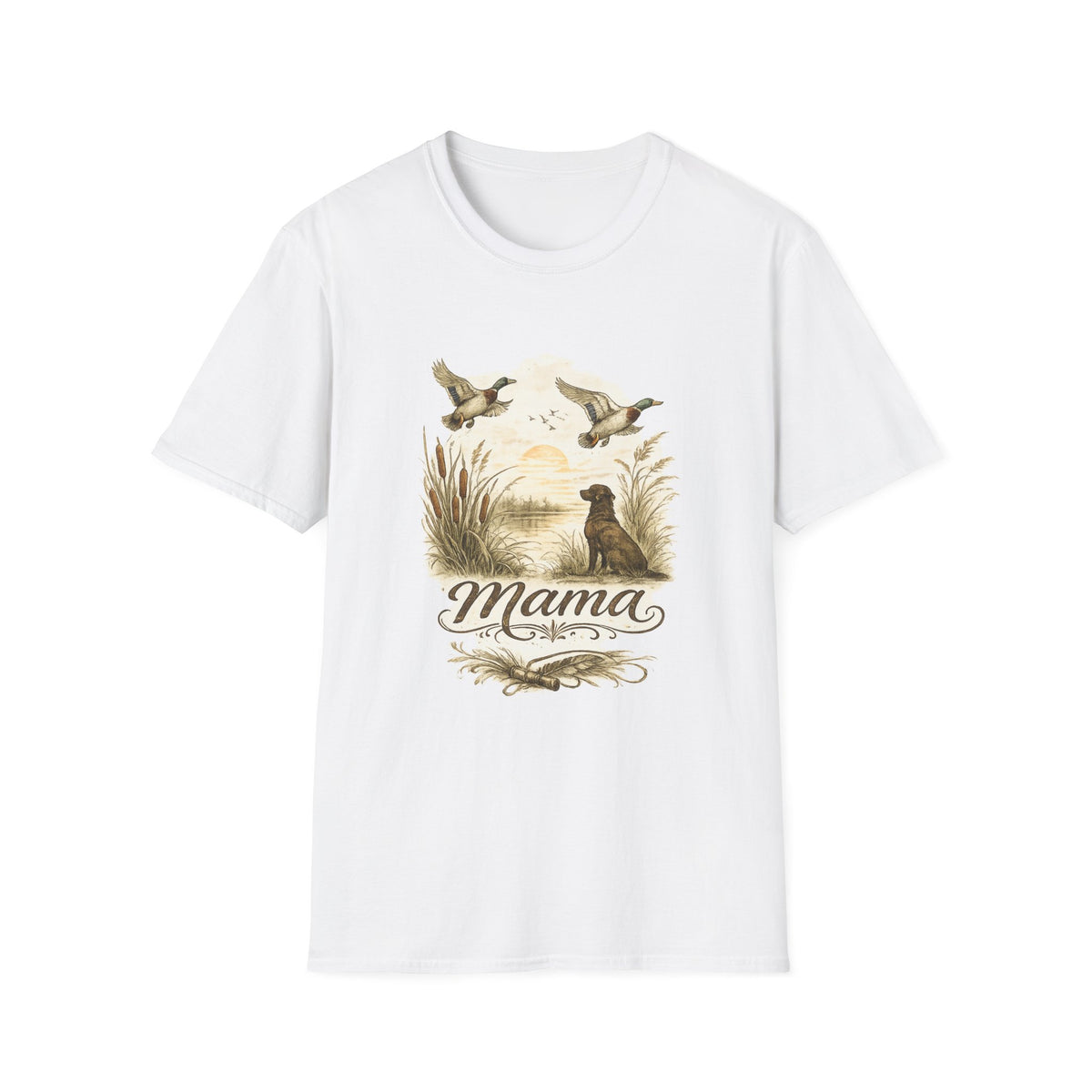 Duck Hunting Mama T-Shirt | Labrador Retriever, Flying Mallards, Rustic Outdoors