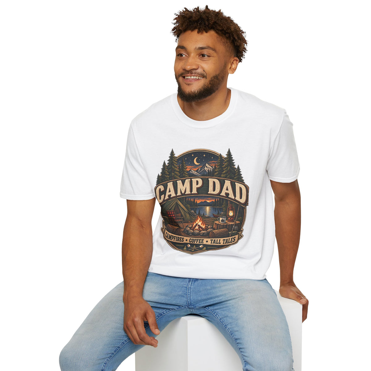Camp Dad T-Shirt | Camping Cabin Moon Forest Design