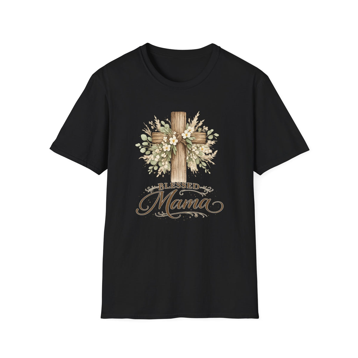 Blessed Mama wooden cross T-Shirt | floral cross mom tee