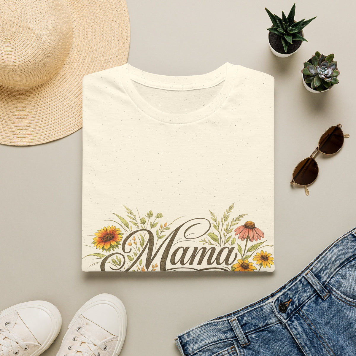 Mama floral script T-Shirt | Sunflowers, wildflowers, script text