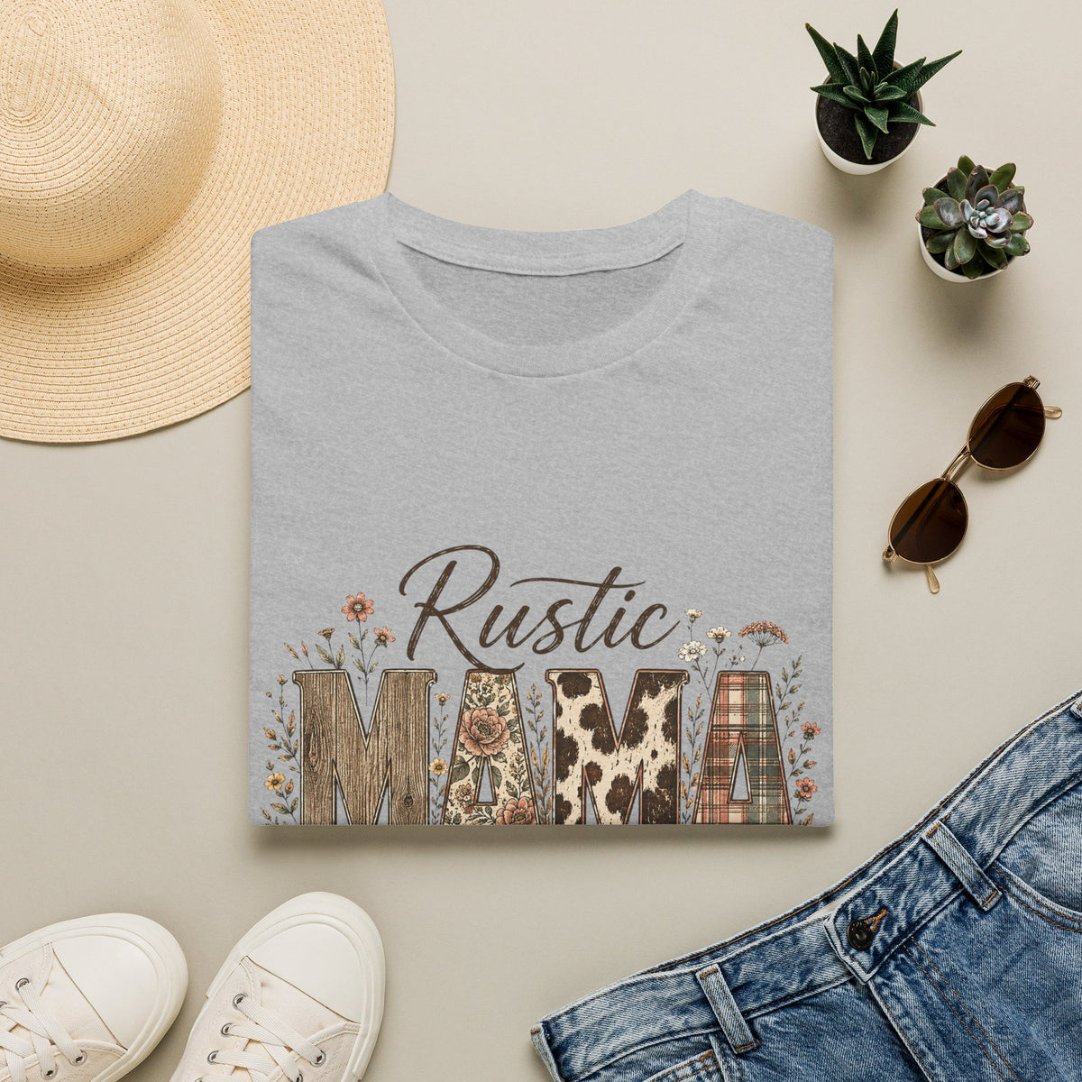 Rustic MAMA T-Shirt | Floral Cowhide Plaid Farmhouse Design
